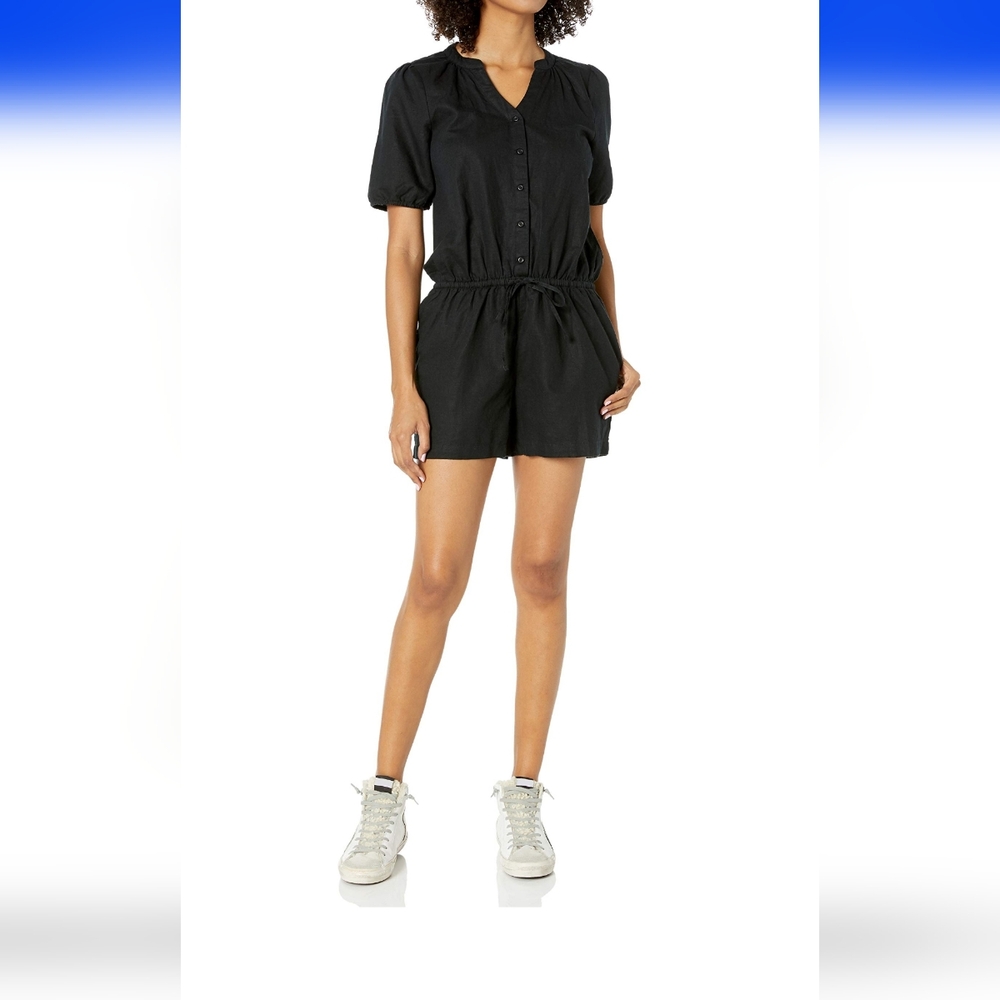 NWOT Women's Black Button Down Short Sleeve Elastic Waist Romper Jumpsuit, 12